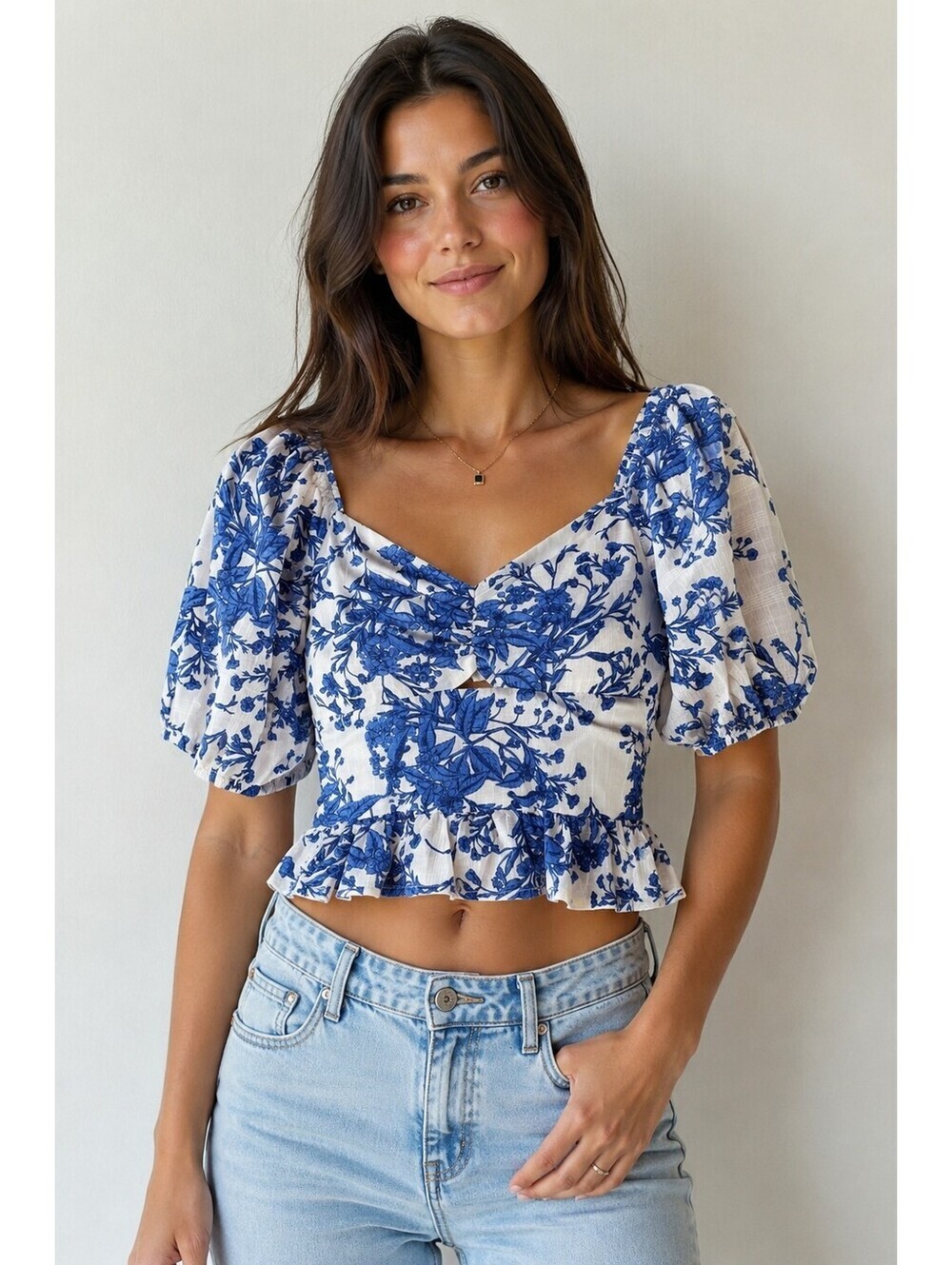 J.O.A. Blue White Floral Peplum Crop Top Puff Sleeve 100% Cotton Cottagecore